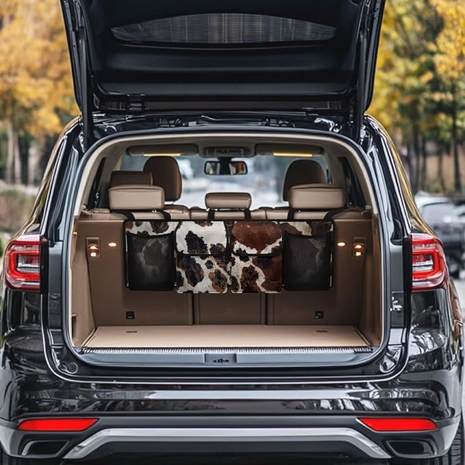 Cow Print Car Trunk Organizer, Large Capacity Auto Backseat Hanging Organizer, Thick Backseat Storage Bag with 2 Pockets, 2 Mesh Pockets, Car Trunk Tidy Storage Bag with Lids