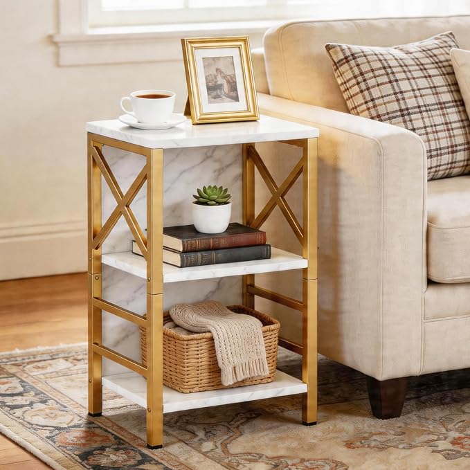 MNEETRUNG Small Bookshelf,3 Tier Industrial Bookcase with Metal Frame and Backboard,Low White and Gold Book Shelf,Book case for Small Spaces,Living Room,Bedroom and Home Office