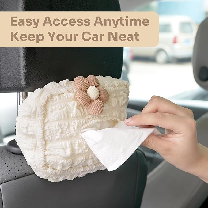 Lace Car Tissue Holder, Cute Flower Napkin Dispenser for Visor & Backseat, Hanging Soft Paper Storage Bag, Aesthetic Car Interior Accessories for Women (Cream White)