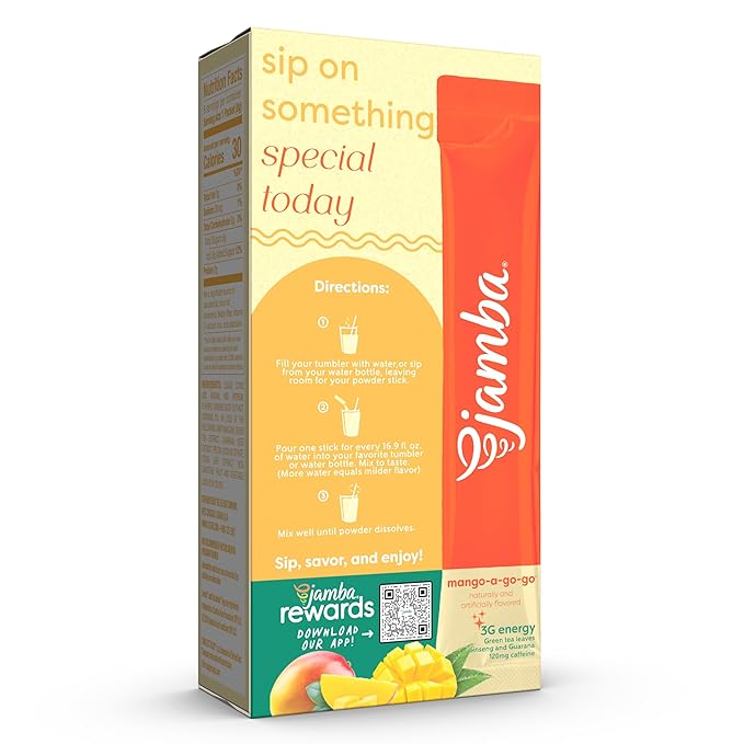Jamba Singles To Go! mango-a-go-go smoothie-inspired powdered drink mix sticks, 6-Count, 3G Energy (green tea, ginseng, guarana), aspartame free, just add water