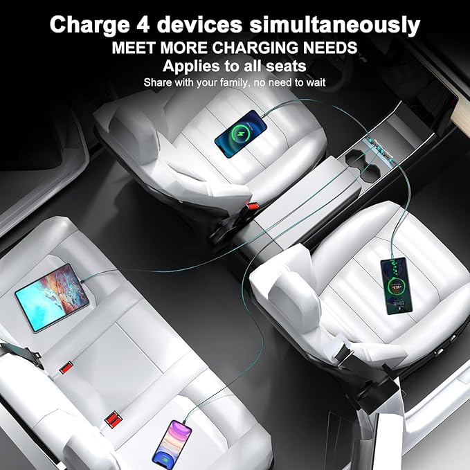 65W USB Hub for Tesla Model 3 (New Model Y Juniper 2024 2025 2026 -Fast Charger Tesla Accessories for Model 3 Highland(New Model Y Juniper) USB Charger Hub 4-Ports Retractable Phone Charger USB Hub