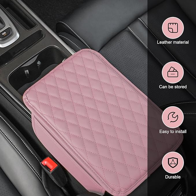 Car Center Console Cover, Leather Armrest Cover Cushion with 2 Storage Bags, Auto Interior Arm Rest Seat Box Pad Accessories, Universal Armrest Organizer for Cars SUVs Truck and More (Pink)