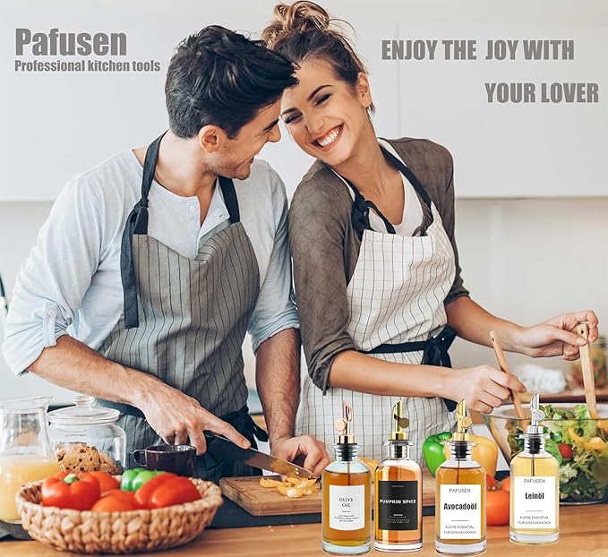 Pafusen 2 Pack Olive Oil Dispenser Bottle, 12 oz Oil Bottles for Kitchen, Glass Oil Coffee Syrup Dispenser, Simple Syrup Bottles with 2 Auto Flip Olive Oil Pourers, Silver