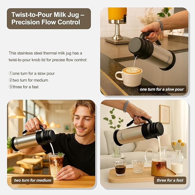 Creamer Pitcher for Coffee,0.75L/25 Oz Thermal Coffee Carafe,Stainless Steel Coffee Carafes for Keeping Hot and Cold,Double-Wall Design,12-Hour Hot & Cold,Leak-Proof,Portable for Travel,Camping,Office