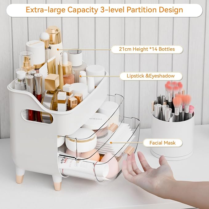 Yieach White Make up Organizer for Countertop,Vanity,Large Capacity Bathroom Makeup Skincare Organizers With Brush Holder,Makeup Storage Organizer for Lotion,Beauty Products,Skin Care,Makeup Display