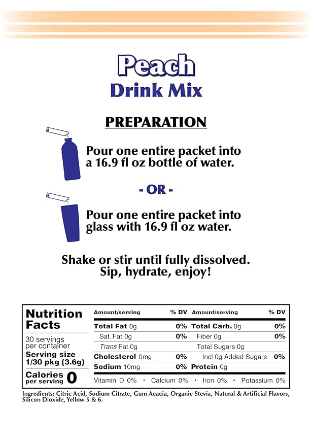 GramZero 2GO Sticks - Peach, Zero Calorie Sugar Free Drink Mix, Stevia Sweetened, Great For Nutrition Club Loaded Tea To Go Kits