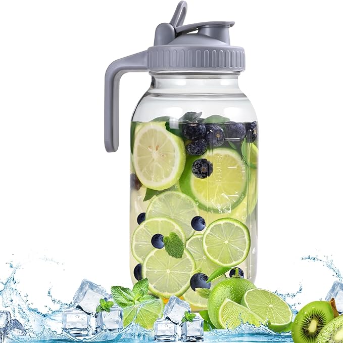 64OZ Glass Pitchers with Lid, Wide Mouth Water Jugs, Leak-Proof Airtight Mason Jars for Cold Brew Coffee, Iced tea, Milk, Food Storage, Sun Tea, Grey