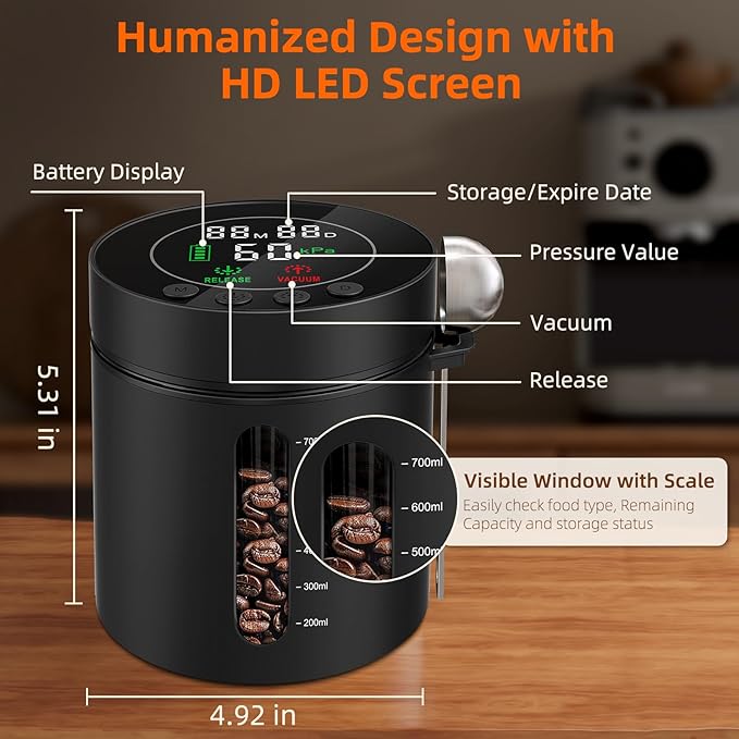 Automatic Vacuum Coffee Canister, 0.8L Airtight Food Storage Containers with Smart Pressure Sensor, Electric Coffee Bean Container Rechargeable with LED Display Window for Home Kitchen Food Storage