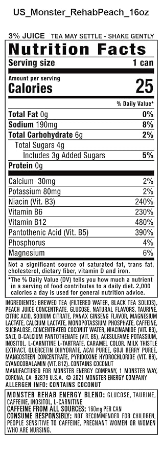 Monster Rehab Peach Tea + Energy, Energy Drink, 15.5 Ounce | Energy Iced Tea, Pack of 15