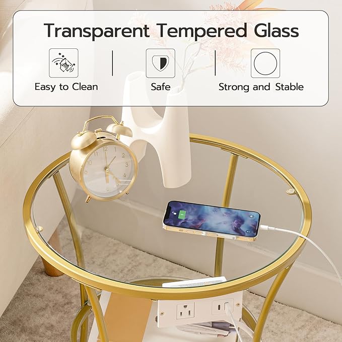 HOOBRO Round Coffee End Table with Charging Station, 2-Tier Small Accent Side Table with Glass Tabletop, Round Nightstand for Small Space in Living Room, Bedroom, Gold GD83UBZ01