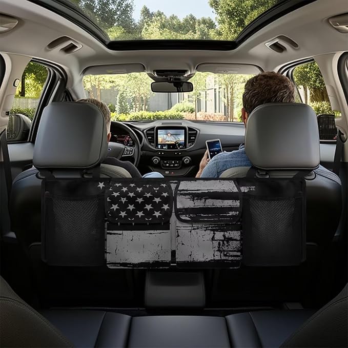 American Flag Car Trunk Organizer, Backseat Hanging Large Storage with Adjustable Straps & 4 Pockets, Waterproof Collapsible Cargo Bag, Car Interior Accessories for Auto SUV MPV