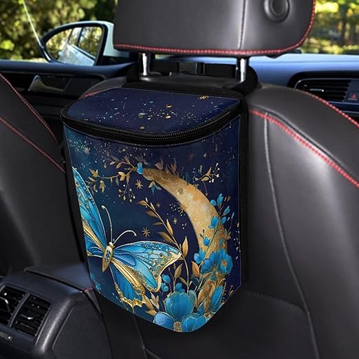 Moon Blue Butterfly Car Trash Can Organizer Accessory Leak Proof Large Capacity Car Garbage Bag with Lid,Hanging for Back/Front/Console，Butterfly Car Interior Accessory