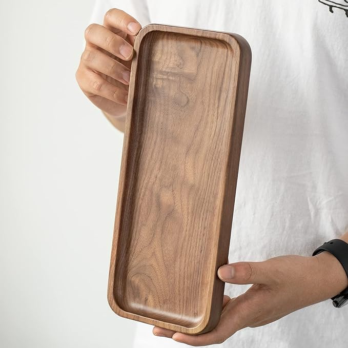 Muso Walnut Serving Tray - Solid Wood Small Rectangle Platter for Bathroom, Dinner, Tea, Coffee (11.8 x 5 in)