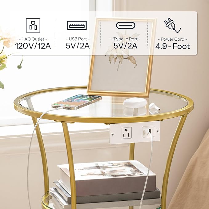 HOOBRO Round Coffee End Table with Charging Station, 2-Tier Small Accent Side Table with Glass Tabletop, Round Nightstand for Small Space in Living Room, Bedroom, Gold GD83UBZ01