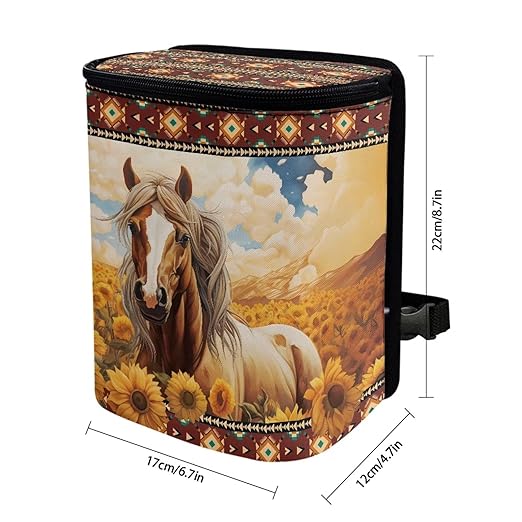 Aztec Horse Sunflower Car Trash Can Hanging Leak Proof Trash Bin Hanging for Back/Front/Console of Cars,Horse Car Accessories for Women Men