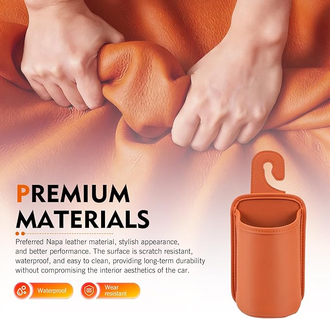 2PCS Car Headrest Cup Holder for Back Seat, PU Leather Premium Storage Accessory, Multi-Functional Anti-Spill Cup Storage Box with Hooks for Bags, Universal for Most Cars (Orange)