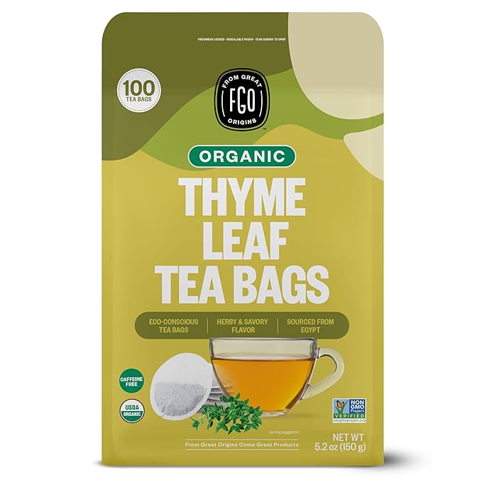 FGO Organic Thyme Leaf Tea, 100 Count, Eco-Conscious Tea Bags, Caffeine Free, Resealable Bag, Packaging May Vary (Pack of 1)