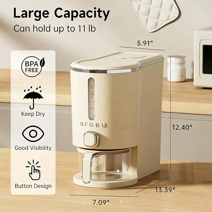 UFORU Rice Dispenser, Rice Storage Container with Measuring Cup for Kitchen Pantry Household, Dry Food Storage Containers Airtight, Sealed Moisture Proof, Cream White 11 Lbs