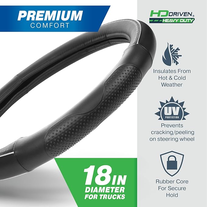 HD Driven SWC Premium Black Leather Steering Wheel Cover with Massage Grip – 18” Diameter for Semi-Trucks, Ribbed Rubber Core & High-Performance Leather, Vehicle Accessories