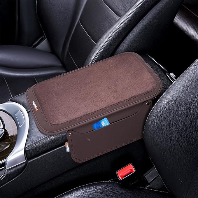 Car Center Console Cover, Leather Furry Fluffy Armrest Seat Box Cushion Pad with 2 Storage Bags, Comfortable Auto Interior Middle Console Protector, Compatible with Most Vehicle (Coffee)