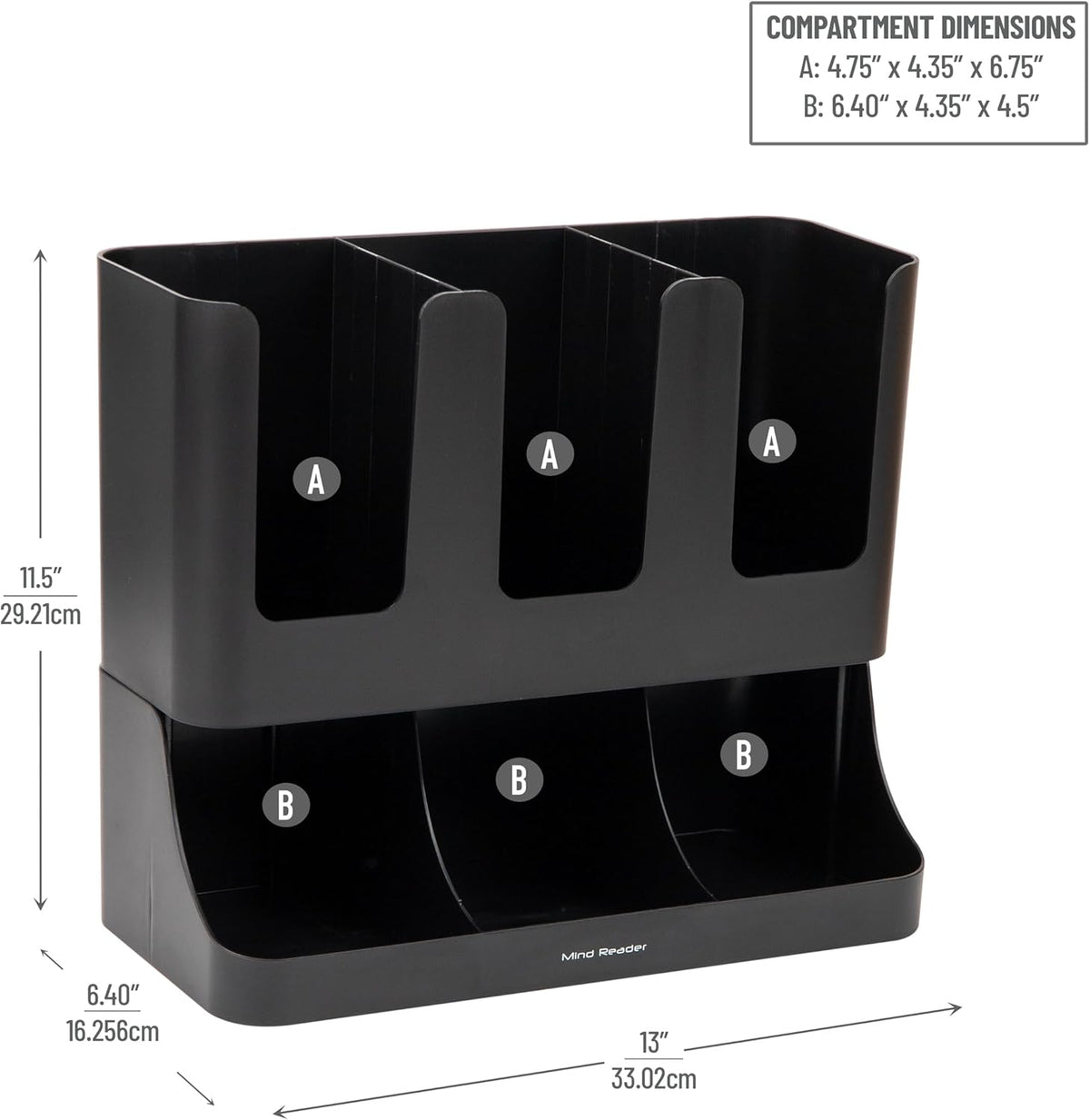 Mind Reader Cup and Condiment Station, Countertop Coffee Bar Organizer with 6 Compartments, Storage Caddy for Cups Lids and Packets, Plastic, Black