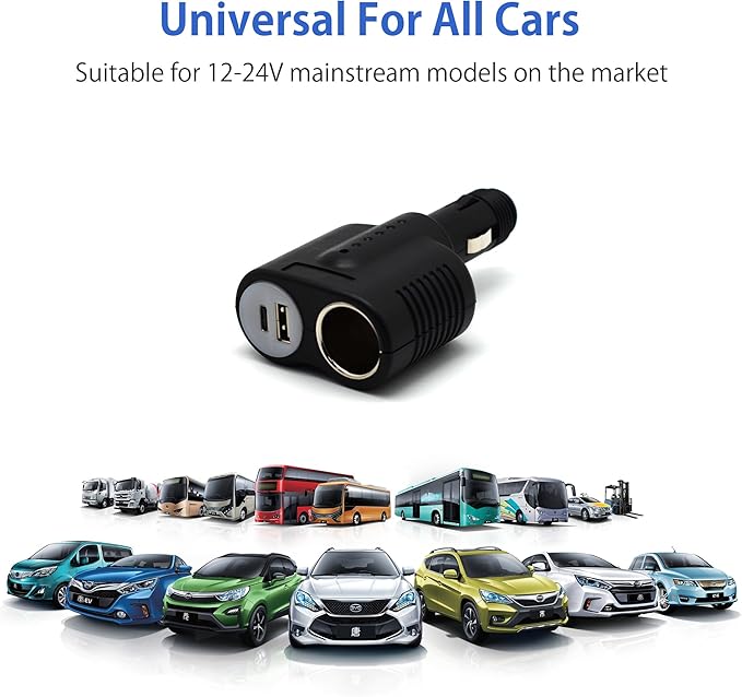 Cliff Top Cigarette Lighter Adapter for Cars, 12V Car Charger Splitter with USB C PD, Car Cigarette Lighter Splitter Plug, Double 12V Car Adapter with Socket for GPS Dash Cam Phone