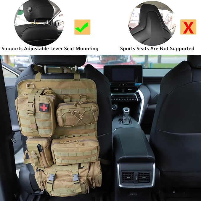 truck seat organizer and storage tactical car back seat back organizer with a Molle Vehicle Panel and 5 Different Size Molle Pouches for most models such as Jeep,SUV,Pickup (Khaki)