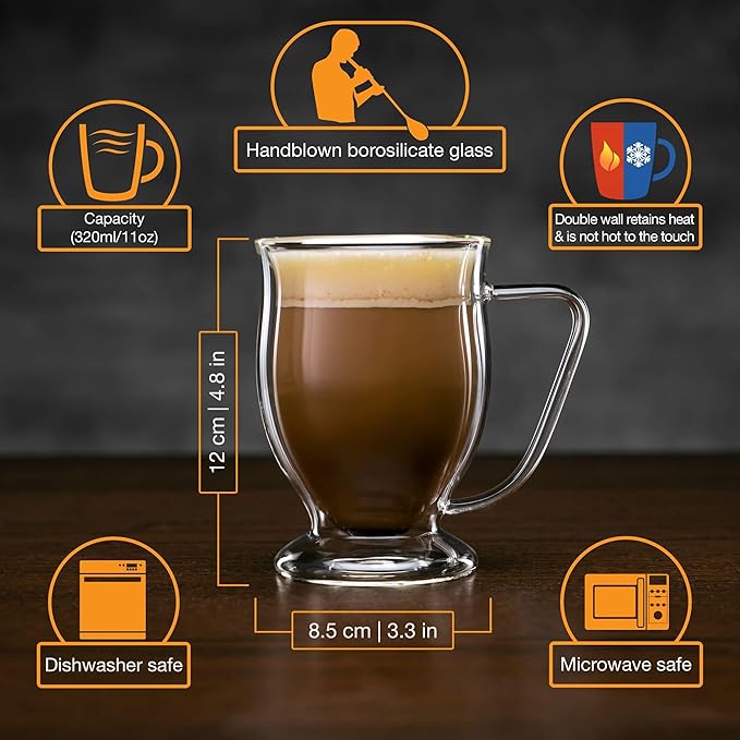 Double Wall Glass Coffee Mugs 11oz Set of 4, Insulated Borosilicate Glass Coffee Cups with Handle - Dishwasher & Microwave Safe Clear Mugs for Cappuccino, Latte, Espresso, Tea