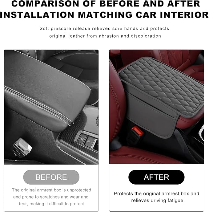 Car Center Console Cover, Waterproof Leather Arm Rest Cushion Pad with 2 Storage Bags, Anti-Scratch Armrest Seat Box Protector Interior Accessories for Most Vehicles (Gray)