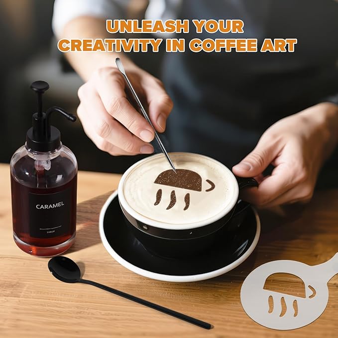 Coffee Bar Accessories, Glass Syrup Dispenser with Pump, 16.9 fl oz/500ml Syrup Bottles for Coffee Bar Organizer, Labels, Spoons,4 Pack