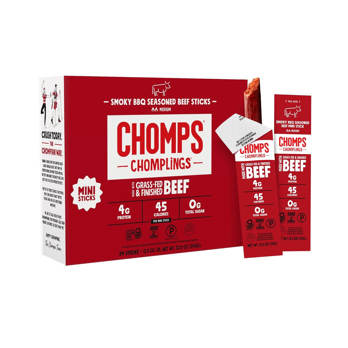 Chomps Snack Size Grass-Fed Original Beef Jerky Snack Sticks 0.5oz 24-Pack - Keto, Paleo, Whole30, 4g Lean Meat Protein, Gluten-Free, Zero Sugar Food, Non-GMO Chomplings