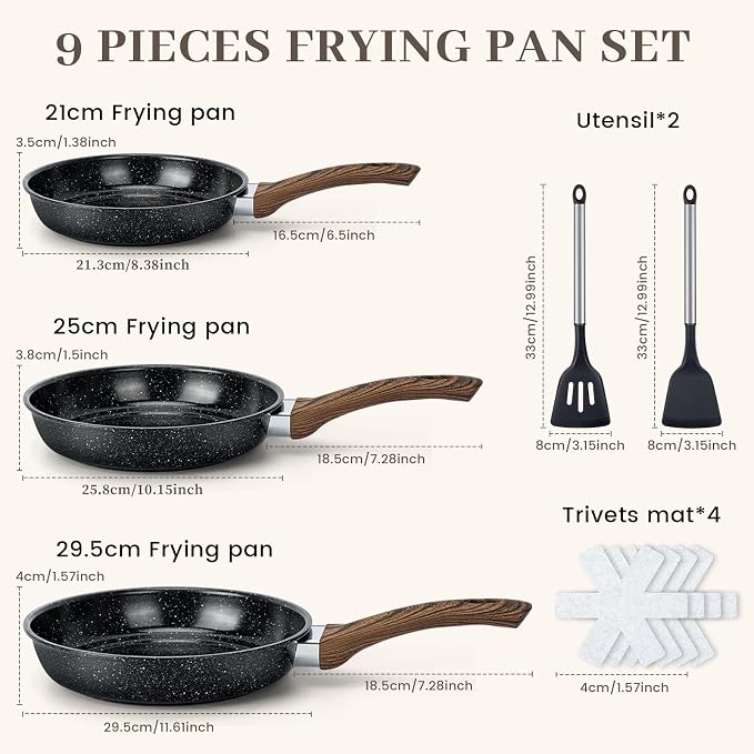 Frying Pans Skillet - 9 Pieces Nonstick Frying Pan Set Includes 3 Sizes (8"/ 10"/ 12"), PFOA Free, Induction & Oven Safe, Easy to Clean for Home Daily Cooking