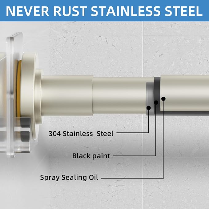 CorkLatta Nickel Shower Curtain Rod,1 Inch Diameter Stainless Steel Adjustable Spring Tension Rods 32 to 80",with Holders,Anti-Slip,Curtain Rods No Drilling(1 Pack)