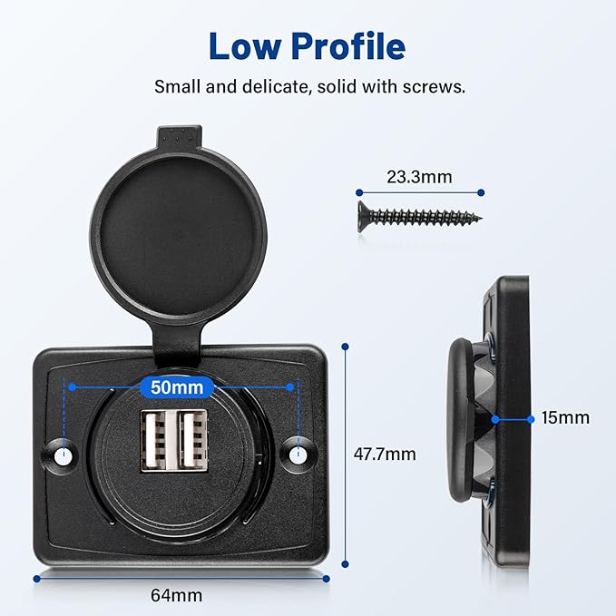 Anina Dual USB Car Charger Socket with Cap 12V/24V RV Usb Outlet USB-A Port Panel Wall Surface Mount for Car RV Boat Marine Truck Automotive Motorcycle