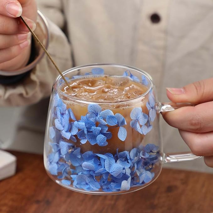 Generic Double Wall Insulated Glass Cup,Dried Flower Mug with Handle,Creative Transparent Coffee Cups,Gift for Women Mom Female (Blue)