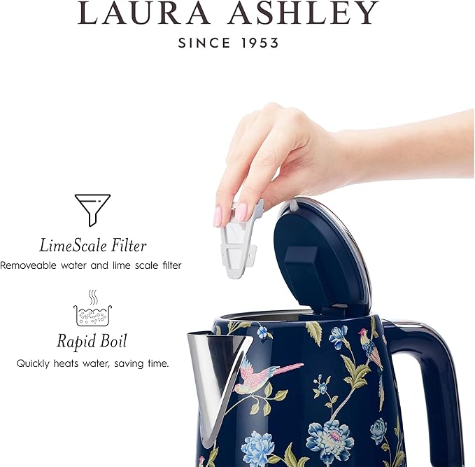 Laura Ashley Stainless Steel Electric Kettle 1.7 Liter - 1500W Rapid Boil Electric Kettles for Boiling Water - Electric Tea Kettles Automatic Shut Off - Overheat & Boil Dry Protection Jug Kettle