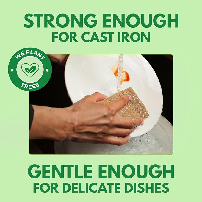 AIRNEX Natural Kitchen Sponges Pack of 18 - Biodegradable Cellulose and Coconut Husk Walnut Scrubbers - Odor Free Non Scratch - Eco Friendly Quick Drying Dishwashing Sponges