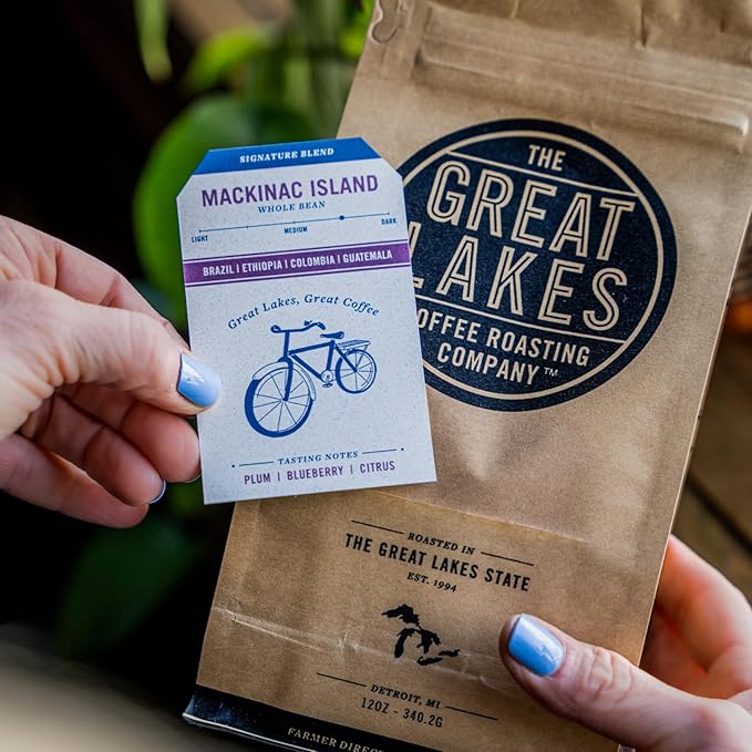 Great Lakes Medium/Dark Roast Whole Bean Coffee, Mackinac Island Signature Blend, Farmer Direct Sourced from Brazil, Columbia, Ethiopia, and Guatemala, 12 Ounces