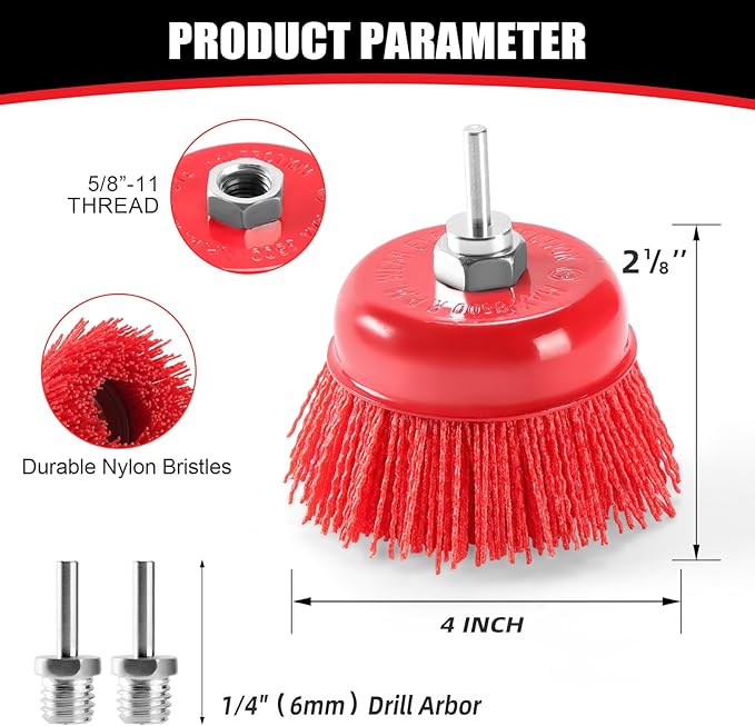 POLIWELL 4 Inch Nylon Filament Brush 5 Pack, 4” Abrasive Bristle Cup Brush Set 5/8"-11 Thread, 1/4" Arbor Max 8500 RPM for Variable Speed Angle Grinder, Polisher and Drill, Prep Surfaces for Bed Liner