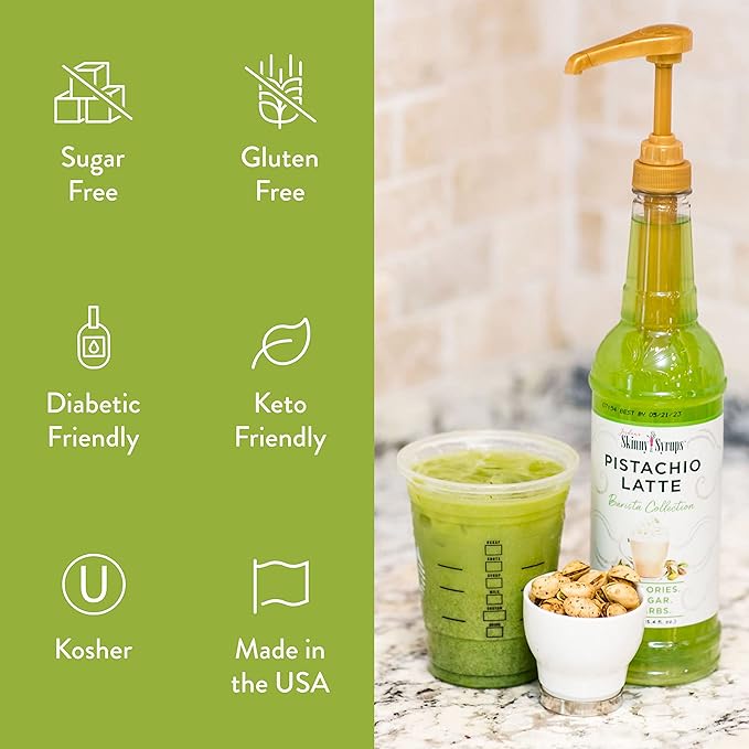 Jordan's Skinny Mixes Syrups Sugar Free Coffee Syrup, Pistachio Flavor Drink Mix, Zero Calorie Flavoring for Chai Latte, Protein Shake, Food & More, Gluten Free, Keto Friendly, 25.4 Fl Oz (Pack of 6)