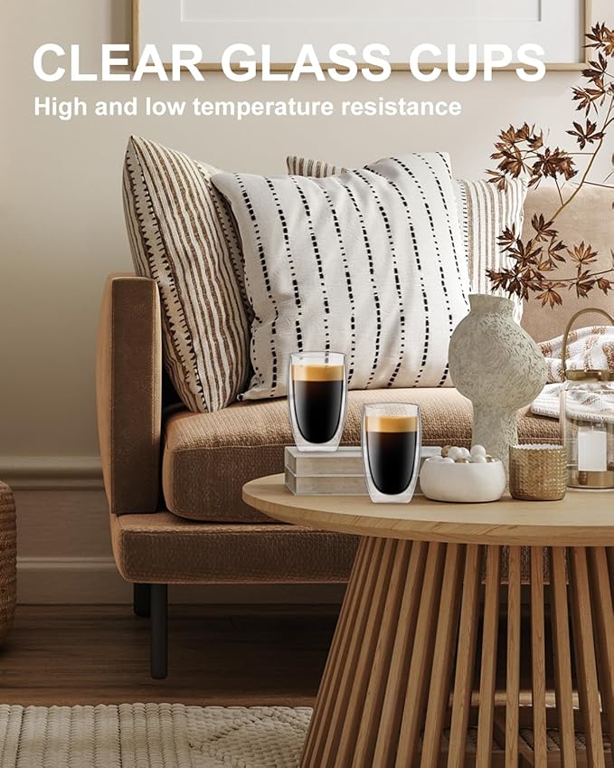 LUXU 16 Oz Double Walled Glass Coffee Mugs,2-Pack Premium Coffee Cups,Double Wall Insulated Glass Coffee Cups,Clear Borosilicate Glasses Mugs,Perfect for Cappuccino,Espresso,Hot Beverage and Beverage.