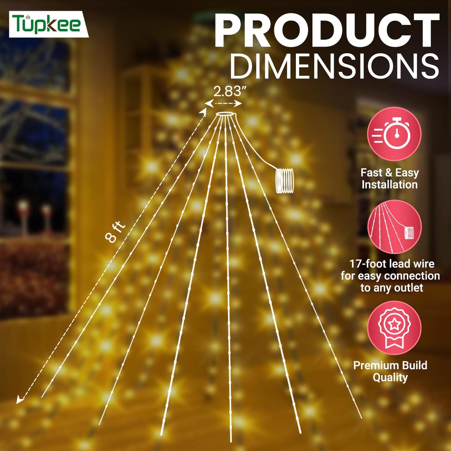 Tupkee LED Christmas Tree Lights, Warm White, 8 Feet, Model JT-DC120V0700-D, Random Twinkle, 208 of 832 Lights, Plastic