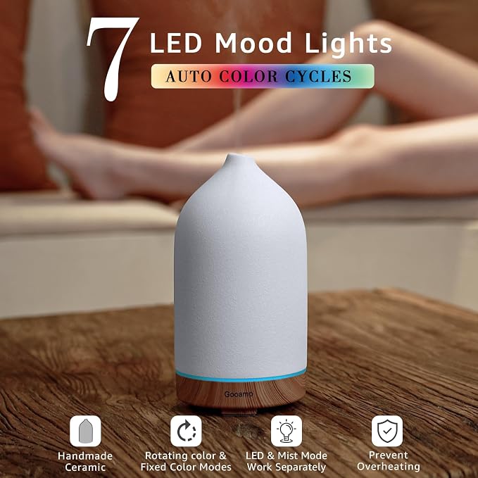 Gooamp 200ML Ceramic Essential Oil Diffuser (2 Pack) - Ultrasonic Aromatherapy & Humidifier with 7-Color LED Lights, Auto Shut-Off, Wood Grain Base, 1H/3H/6H Timer | Scent for Home, Office, Yoga