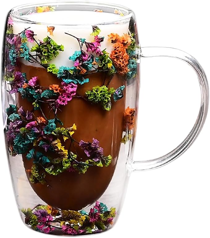 Creative Flowers Double Wall Clear Glass Coffee Mug with Handle, Aesthetic Dried Flowers Coffee Mug, Clear Double Insulated Glass Cup for Hot and Cold Beverages, Cappuccino, (C)