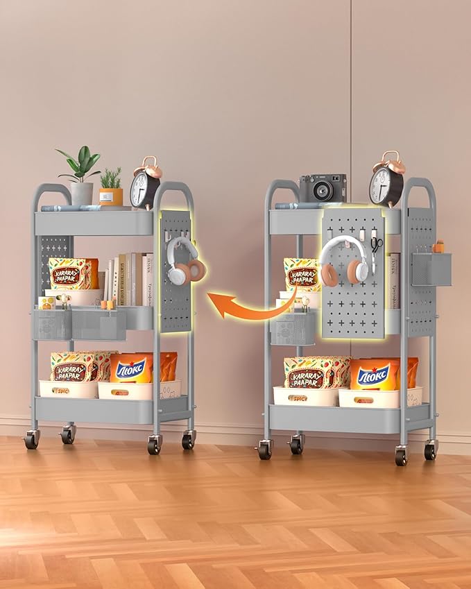ALVOROG 3 Tier Rolling Cart with DIY Pegboards Metal Utility Cart with Wheels Handles Baskets Hooks, Craft Cart for Office Kitchen Bathroom(Light Gray)