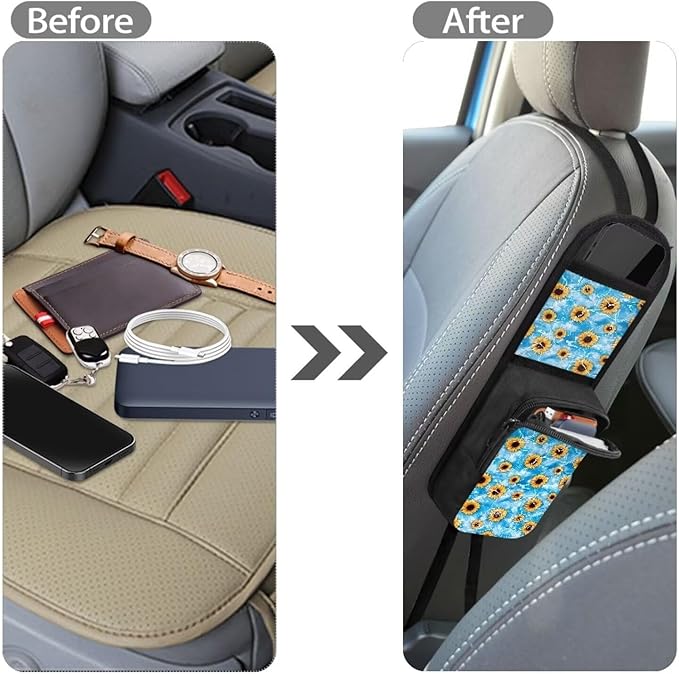 Car Seat Side Organizer with Sunflower Flower 2 Pocket Vehicle Front Seat Storage Bag,Universal Seat Hanging Pocket for Most Cars,SUVs and Trucks,Can Hold Purses
