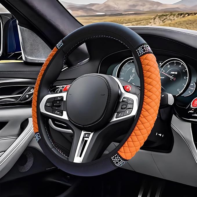 Bling Soft Leather Steering Wheel Cover, 15" Anti-Slip Sparkly Crystal Auto Elastic Steering Wheel Protector for Women Girl, Colorful Diamond Car Interior Accessory for Most Cars (Orange)