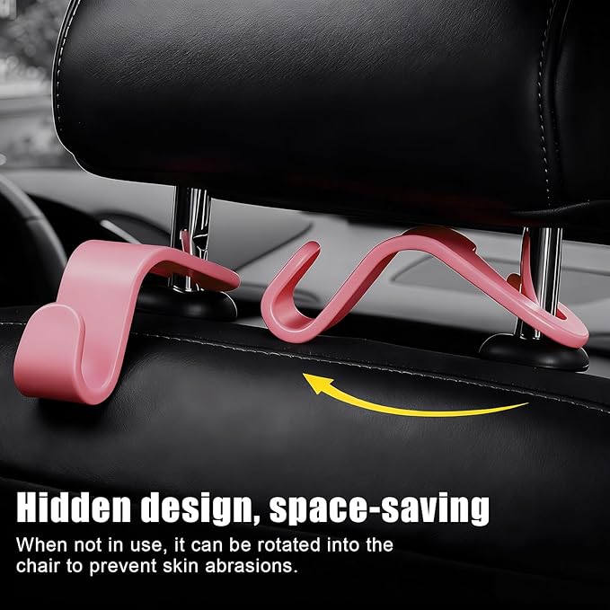 4 PCS Car Headrest Hooks - 360 Rotatable Auto Back Seat Storage Organizer, Universal Vehicle Car Organization Hangers for Purses, Bags, Cloths & Water Bottles Hook Seat Accessories, Pink