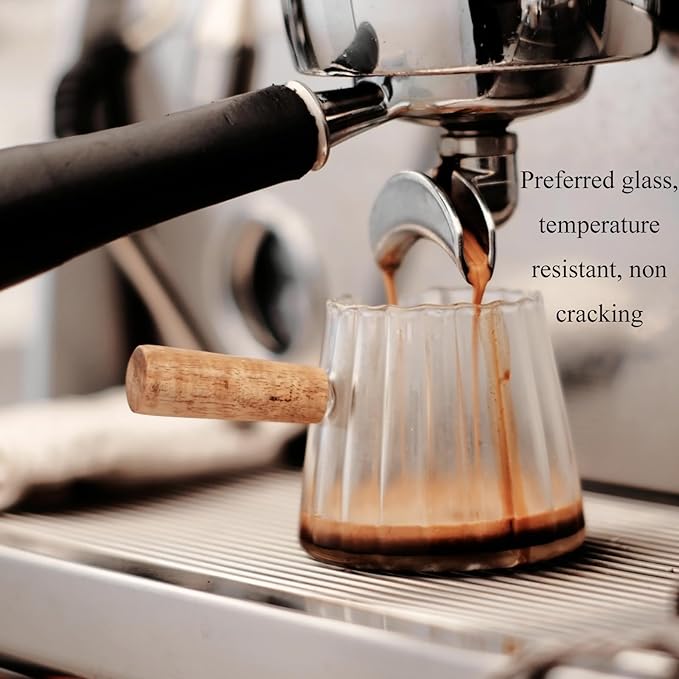 Wooden Handle Coffee Cup with Scale, Espresso Accessories Double Scale Glass Measuring Cup Milk Frother Glass Cup V-Shaped Espresso Cup