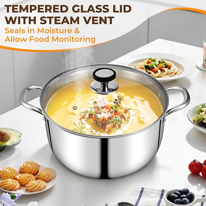 Tri-Ply Stainless Steel Stock Pot, 12 Quart Heavy Duty Induction Cooking Pot with Visible Lid for Pasta, Soup, Spaghetti, Sturdy & Double Handle, Dishwasher Safe